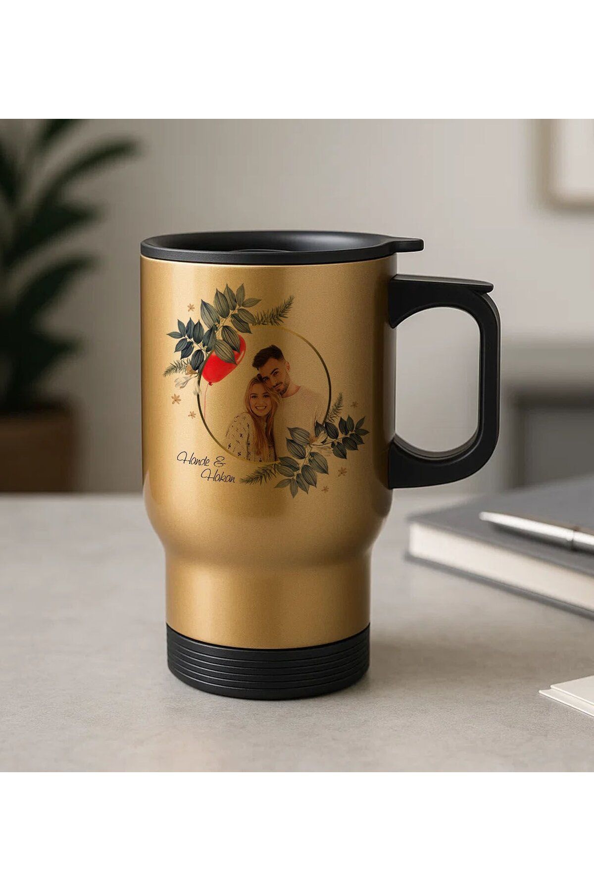 Bk Gift Kişiye Özel İsimli Fotoğraflı Kulplu Gold Çelik Bardak Termos Mug 450ml-2, Sevgiliye Hediye,