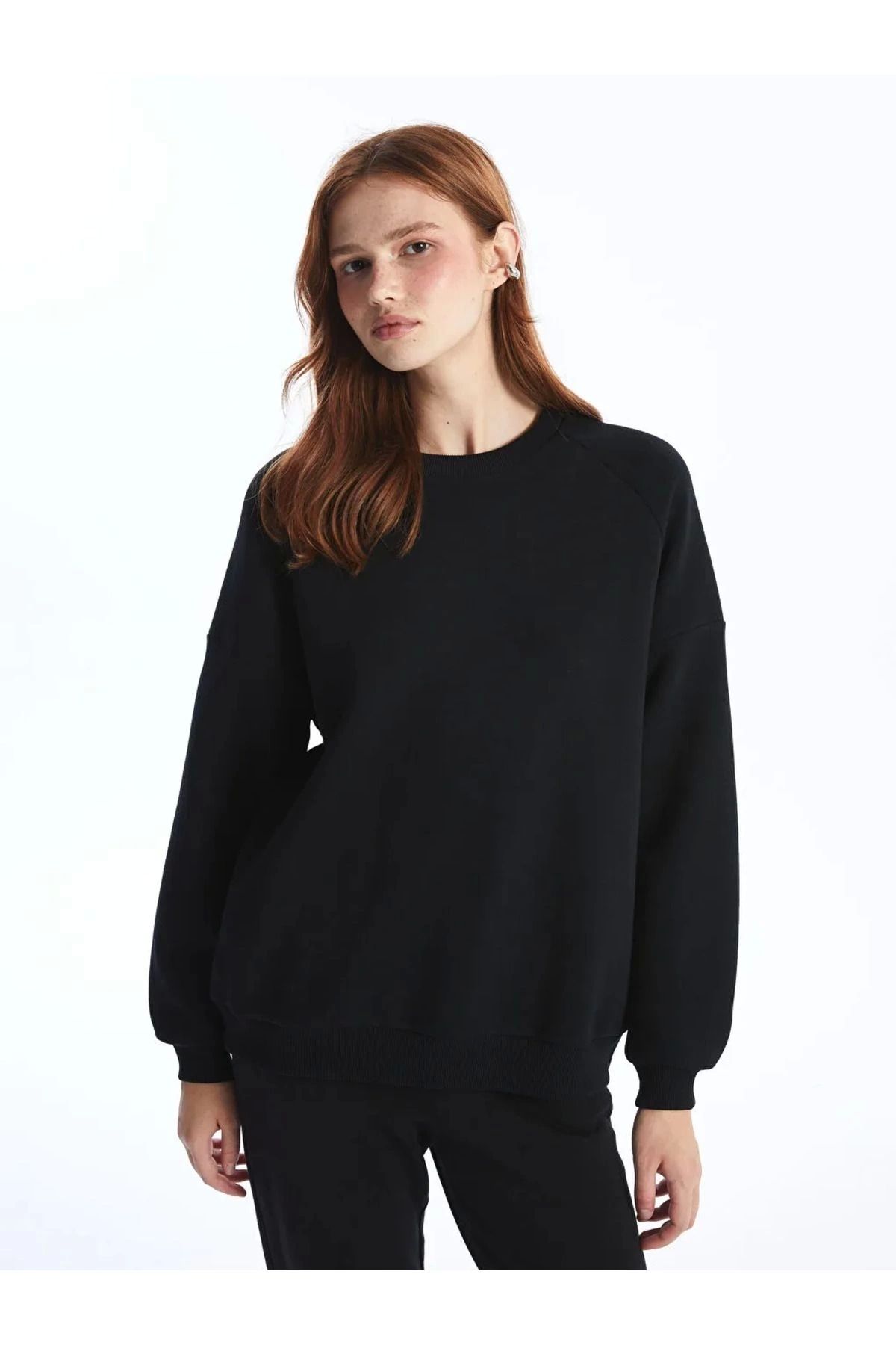 LC Waikiki LCWAIKIKI XSIDE Siyah Bisiklet Yaka Oversize Kadın Kalın Sweatshirt İMREX GLOBAL
