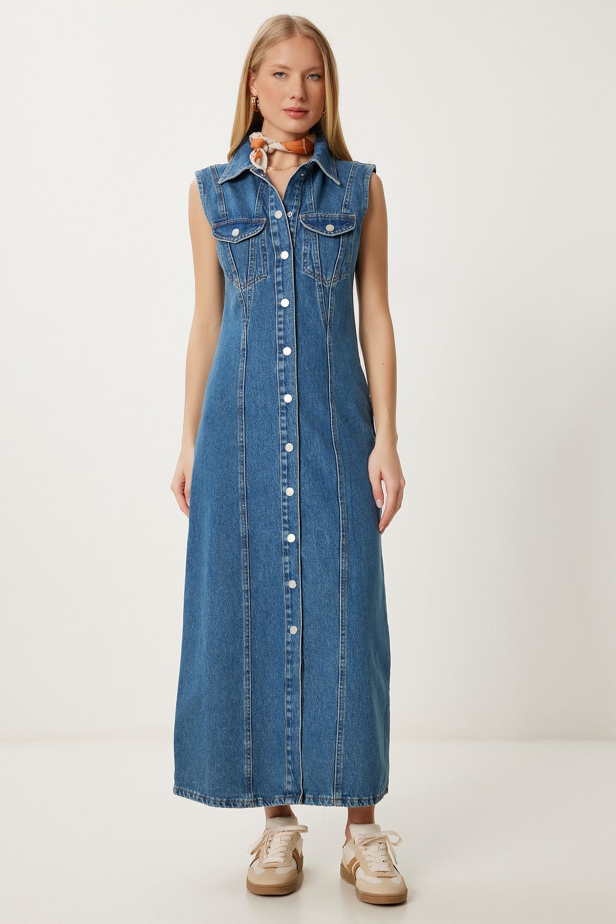 Lovelyİstanbul Düğmeli Midi Denim Elbise KOYU MAVİ LFG0004