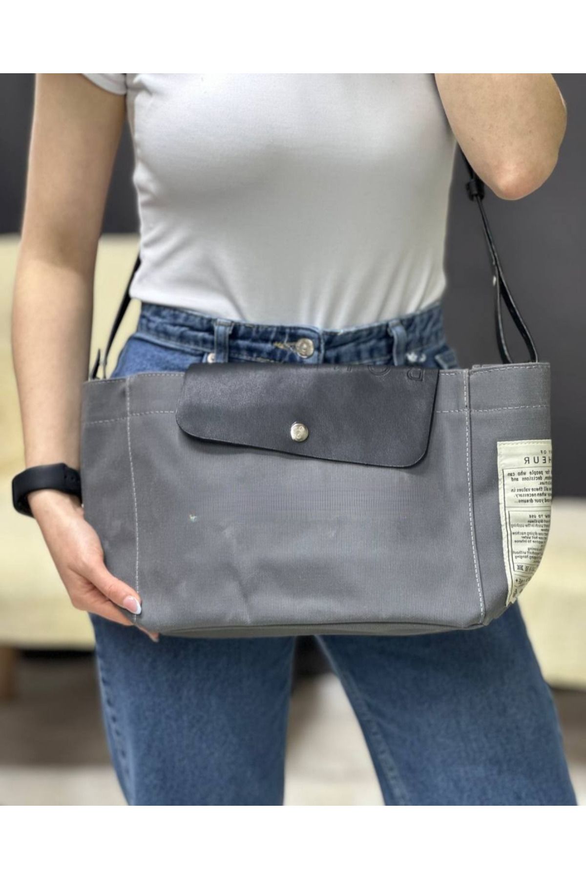 Nues Kadın Deri Ayarlanabilir Askılı Mumlu Kanvas B+Clutch El ve Omuz Çantası
