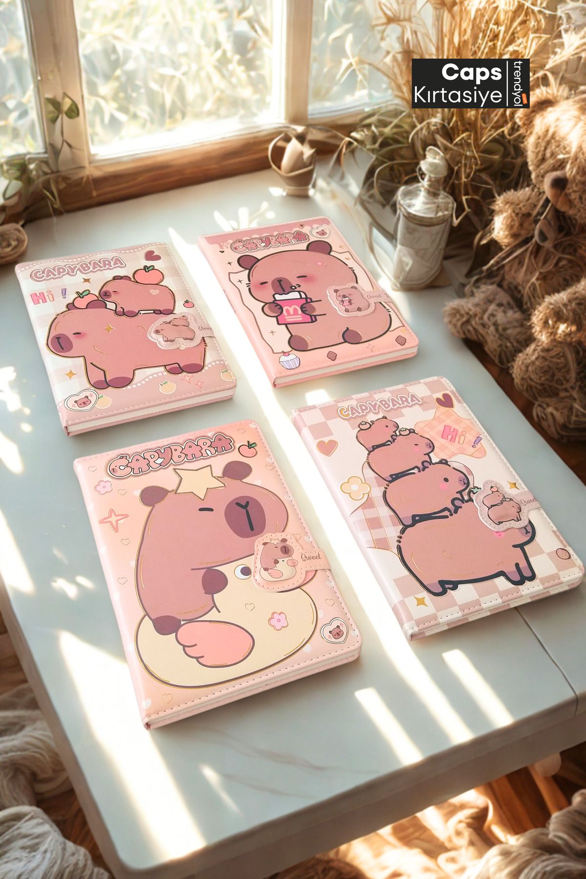 caps anlarınızı paylaştığınız ortağınız 1 Adet Mıknatıs Kilitli Capybara Temalı Yumuşak Vegan Derili Çizgili Defter – 160 Sayfa