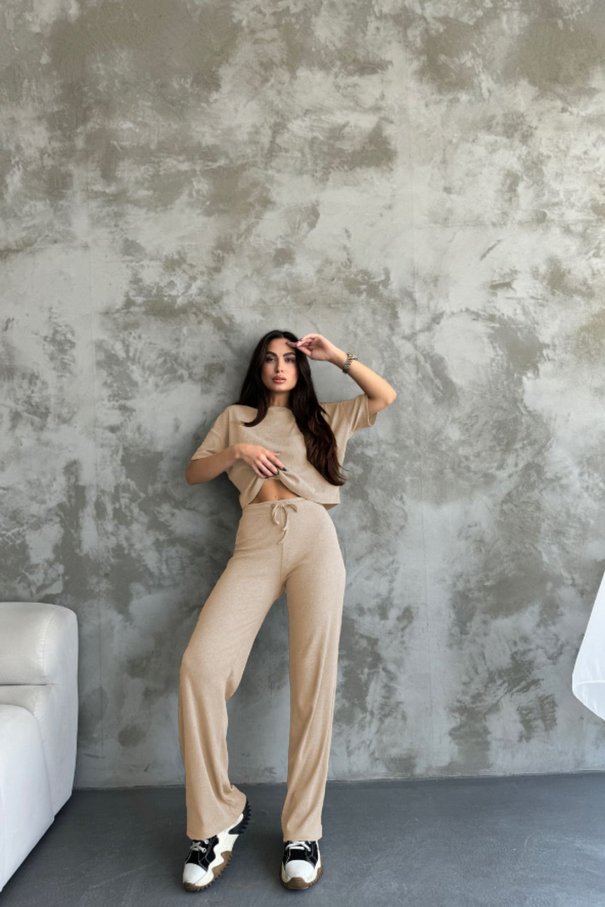 CMZ COLLECTİON Bej Renk Kadın Rahat Fit İkili Takım - Oversize T-Shirt ve Yüksek Bel Pantolon