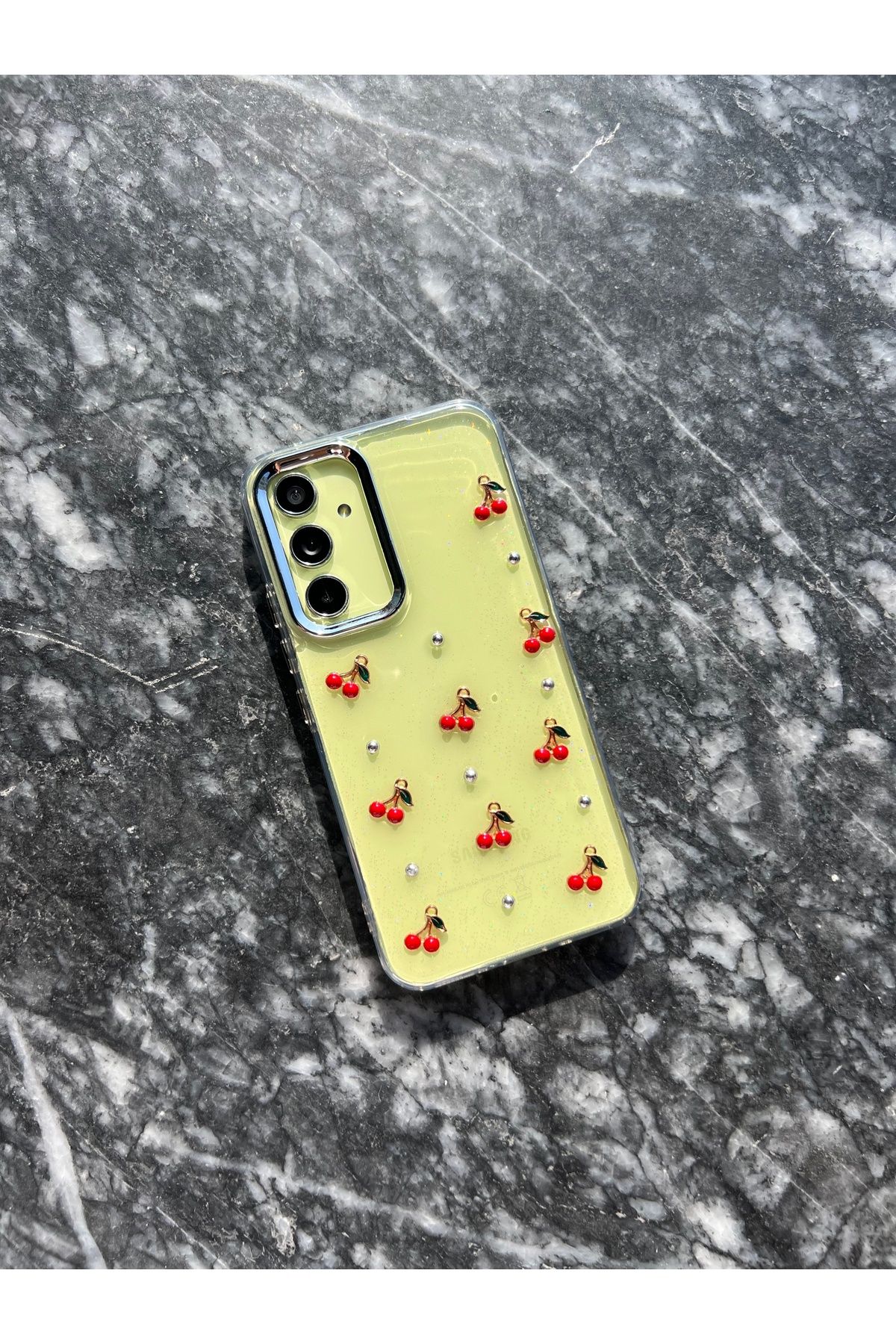 MustCase Samsung Galaxy A54 Kılıf Kiraz Desenli Şeffaf Kılıf Simli Parlak Kapak