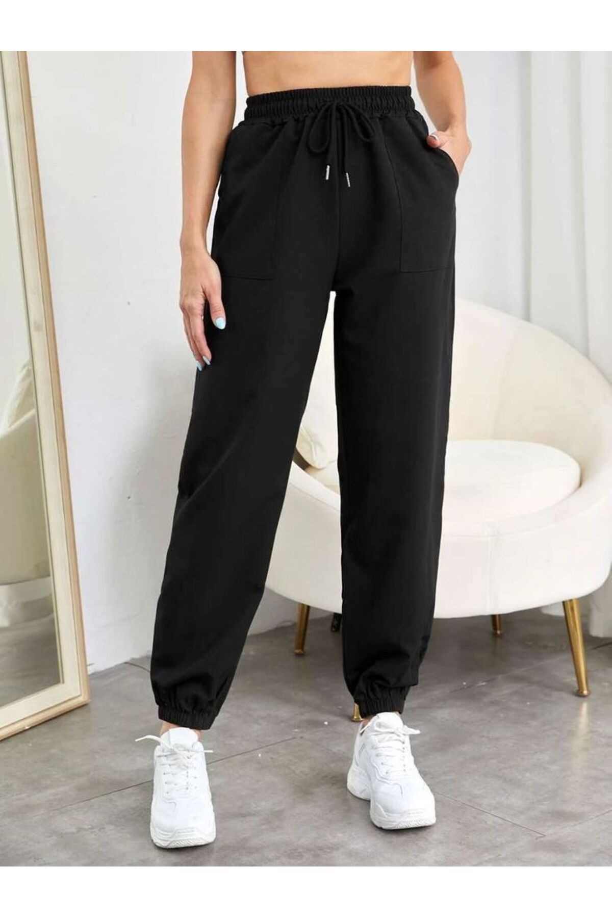 ervafashion Siyah Jogger Eşofman Altı-Lastik Paça Yüksek Bel Günlük Mevsimlik Rahat Giyim Eşofman Unisex