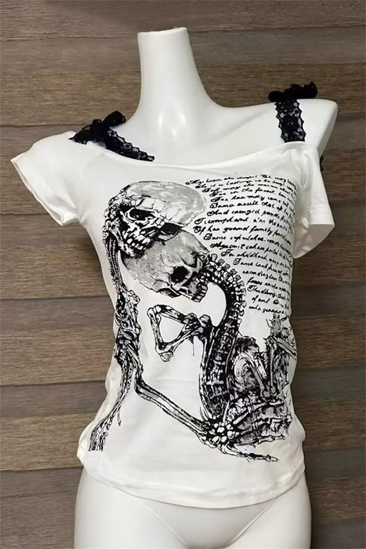 Karakedi Beyaz Skulls Letter Love Body Cyber Grunge Madonna Yaka Gotik Y2K Askılı Crop