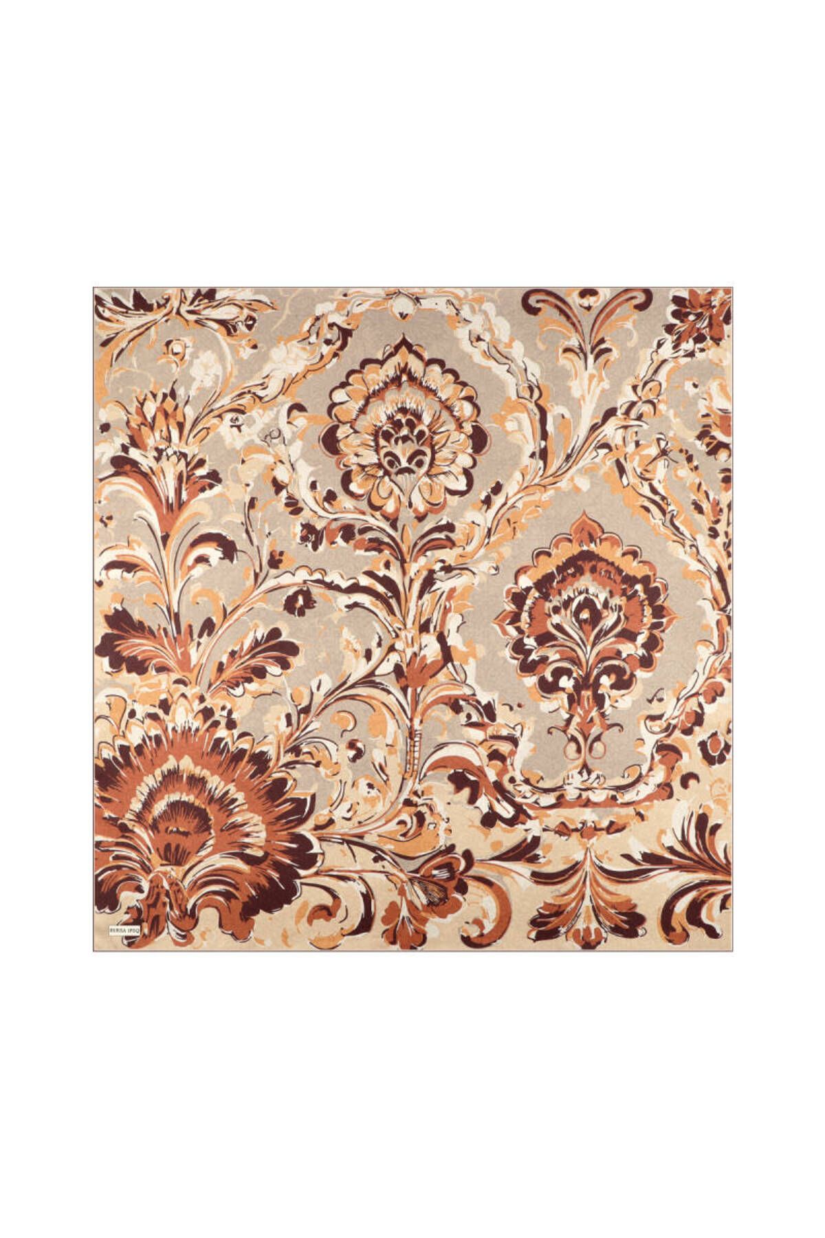 Bursa İpek Kahverengi Flower Desen Twill İpek Eşarp