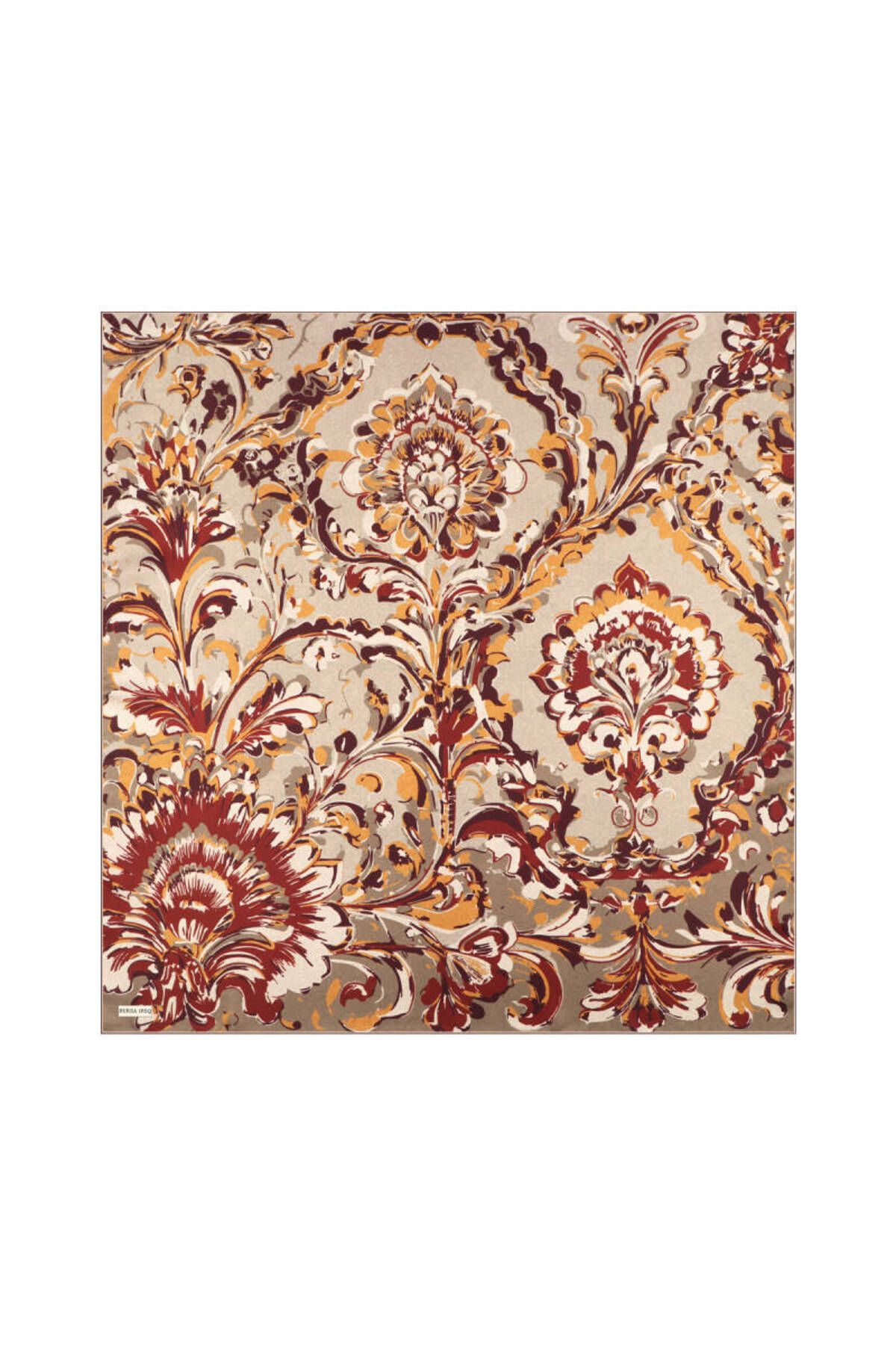 Bursa İpek Bej Flower Desen Twill İpek Eşarp