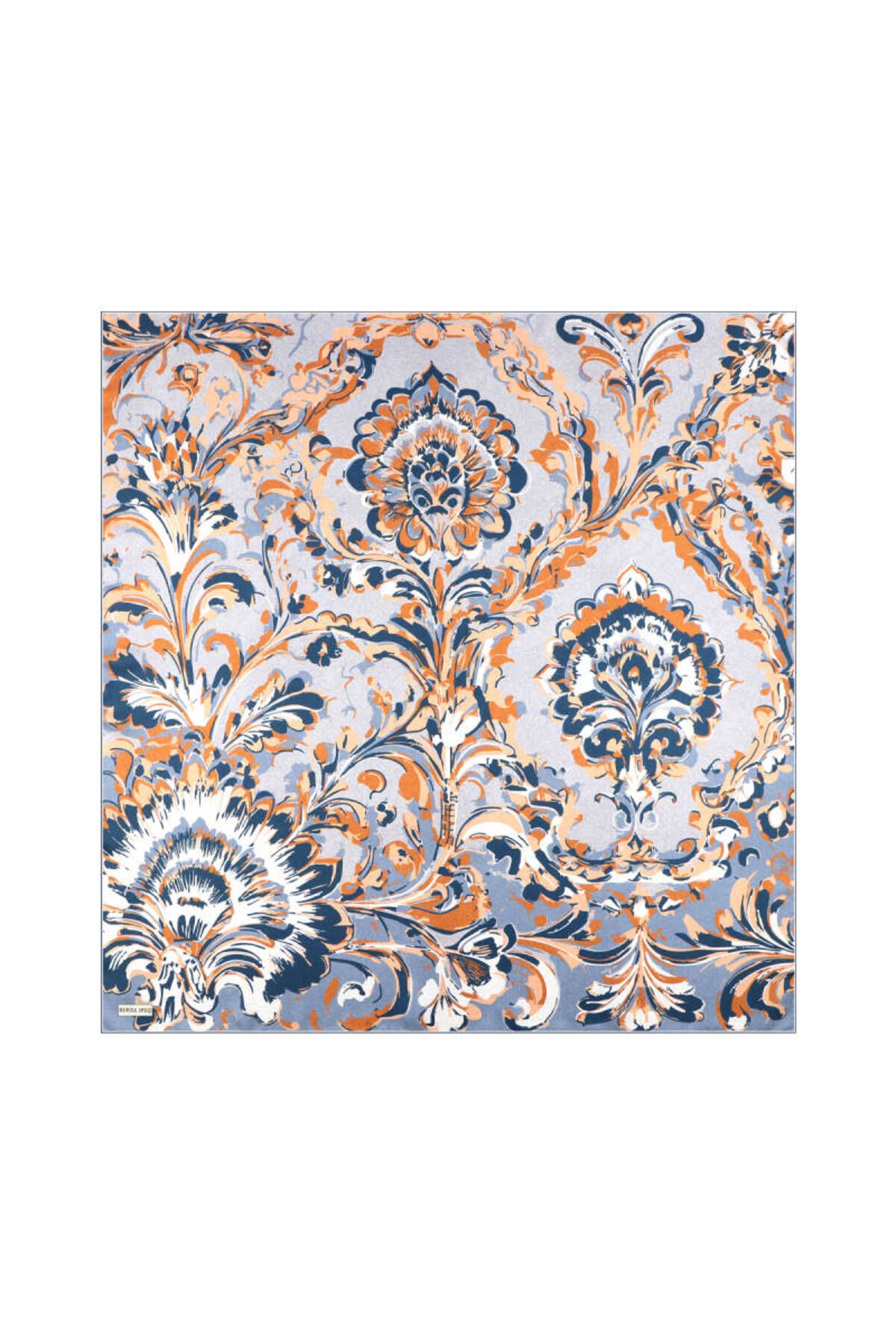 Bursa İpek Buz Mavi Flower Desen Twill İpek Eşarp