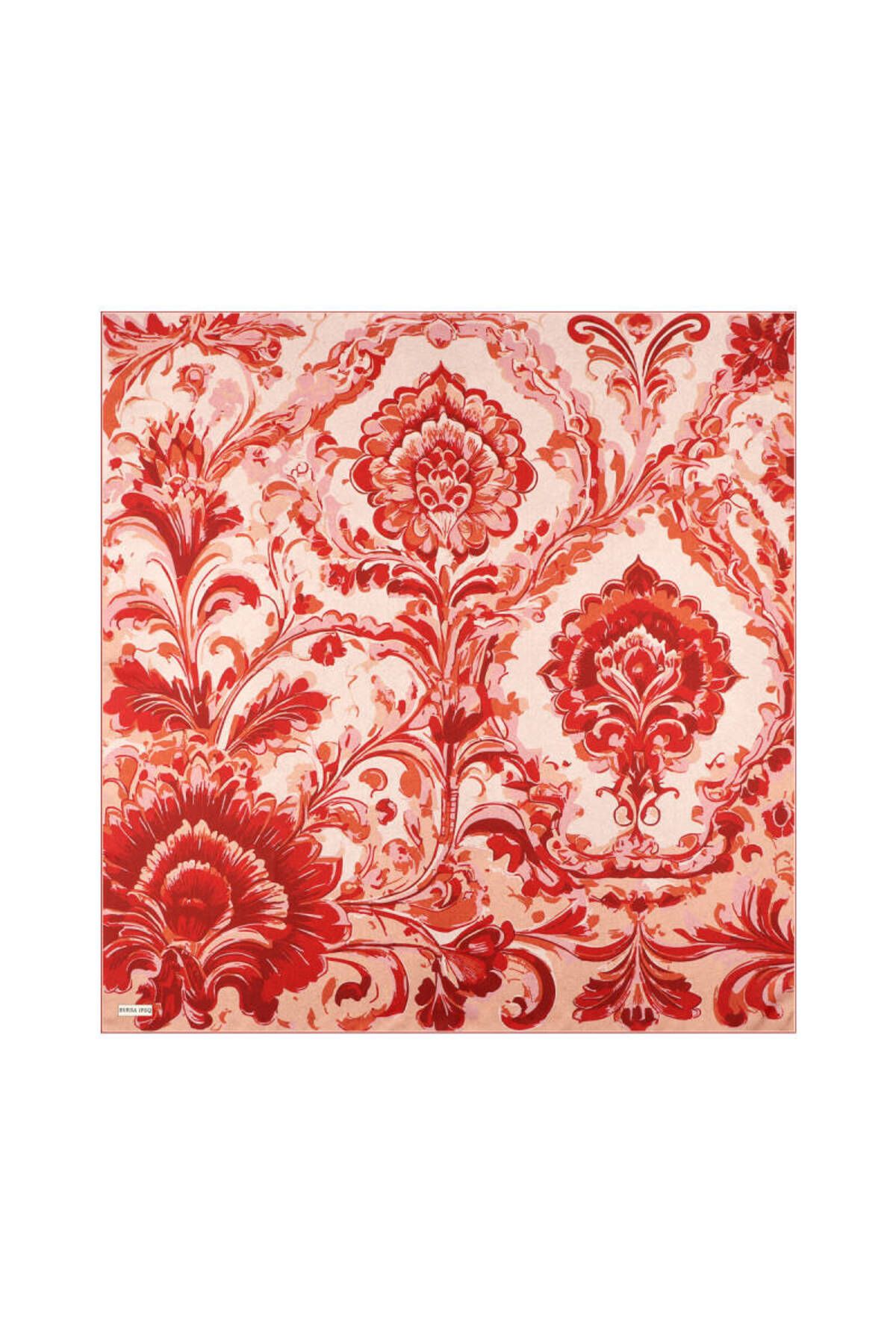 Bursa İpek Bordo Flower Desen Twill İpek Eşarp