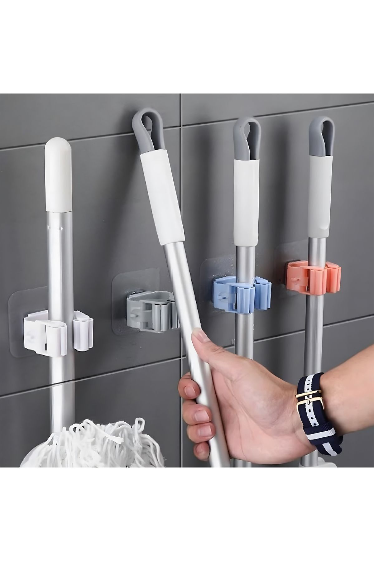 teknotrust Gri Yapışkanlı Kelepçe Klipsli Mop Paspas Tutucu Seti, 4'lü