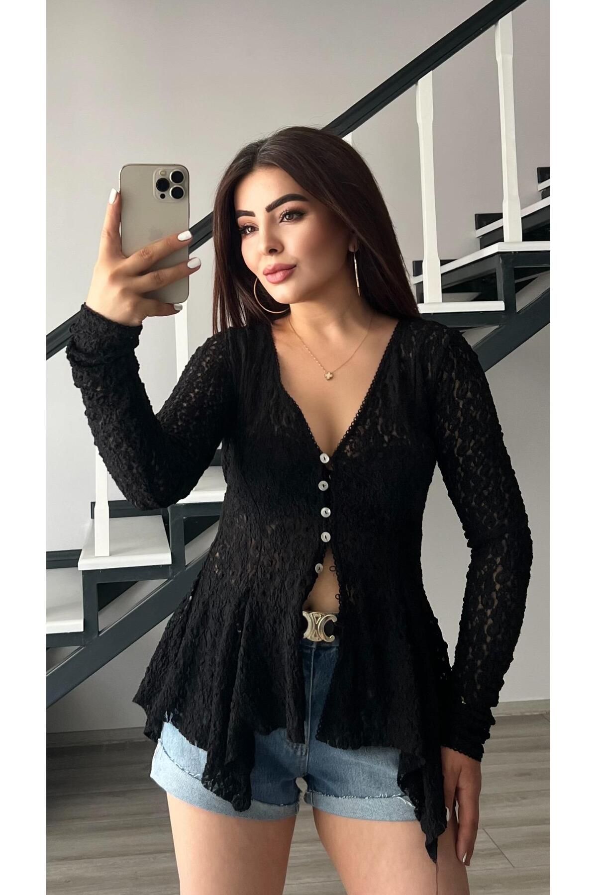 Oslove Siyah Peplum Dantel Bluz
