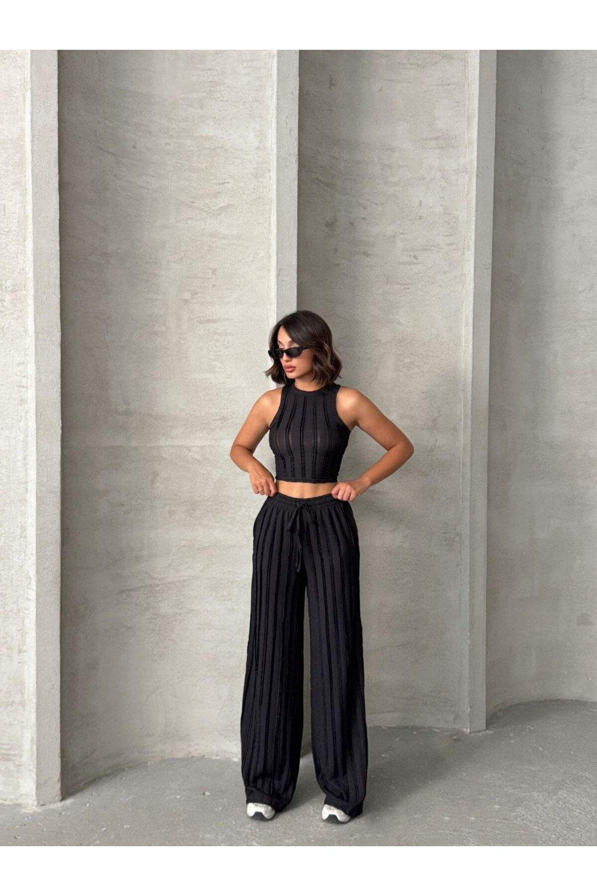 sencicollection Çizgi Detaylı Premium Kalite Pantolon Crop Takım