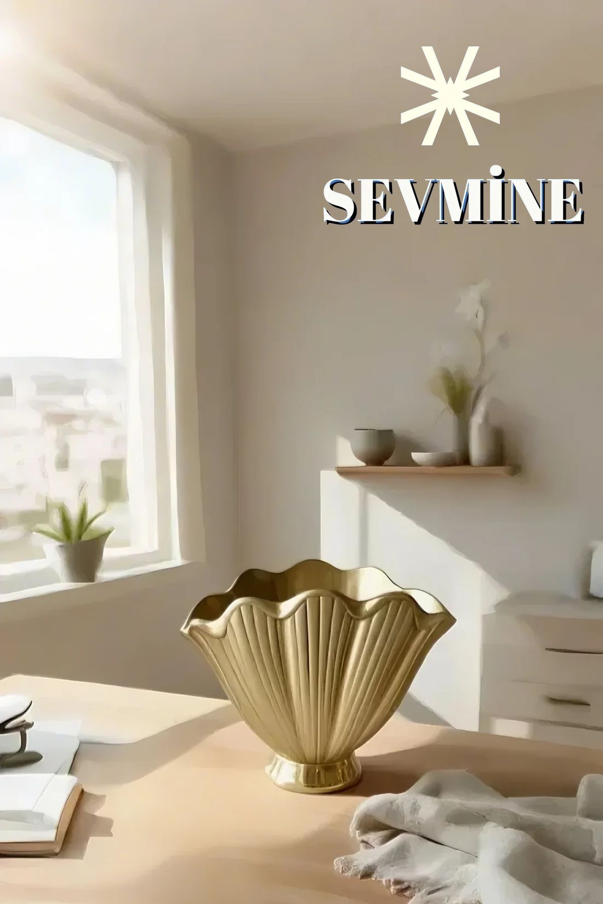 SEVMİNE İskandinav Bohem Tarzı Parlak Gold | Altın Istiridye Vazo | 16 cm Zarif Beton Dekor