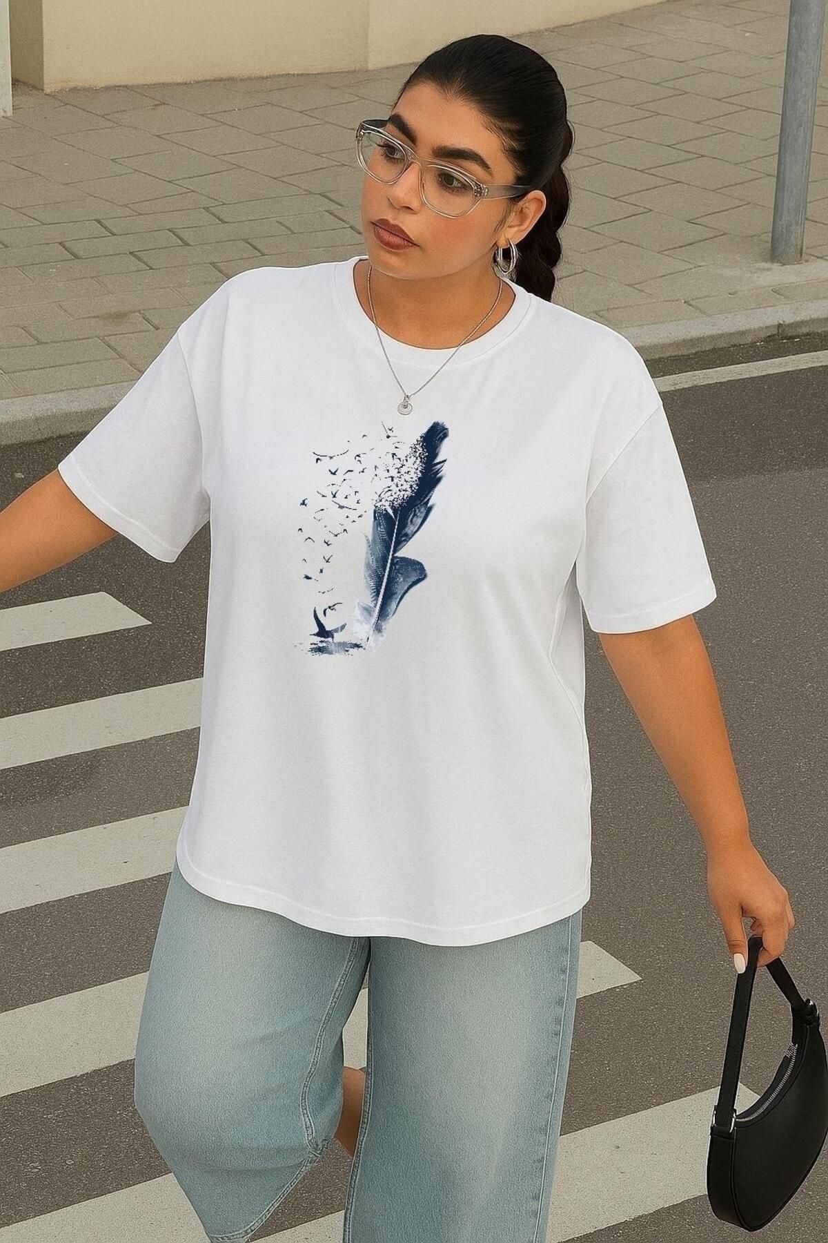 BENROMA BÜYÜK BEDEN MAVİ TÜY BASKILI UNİSEX TİŞÖRT