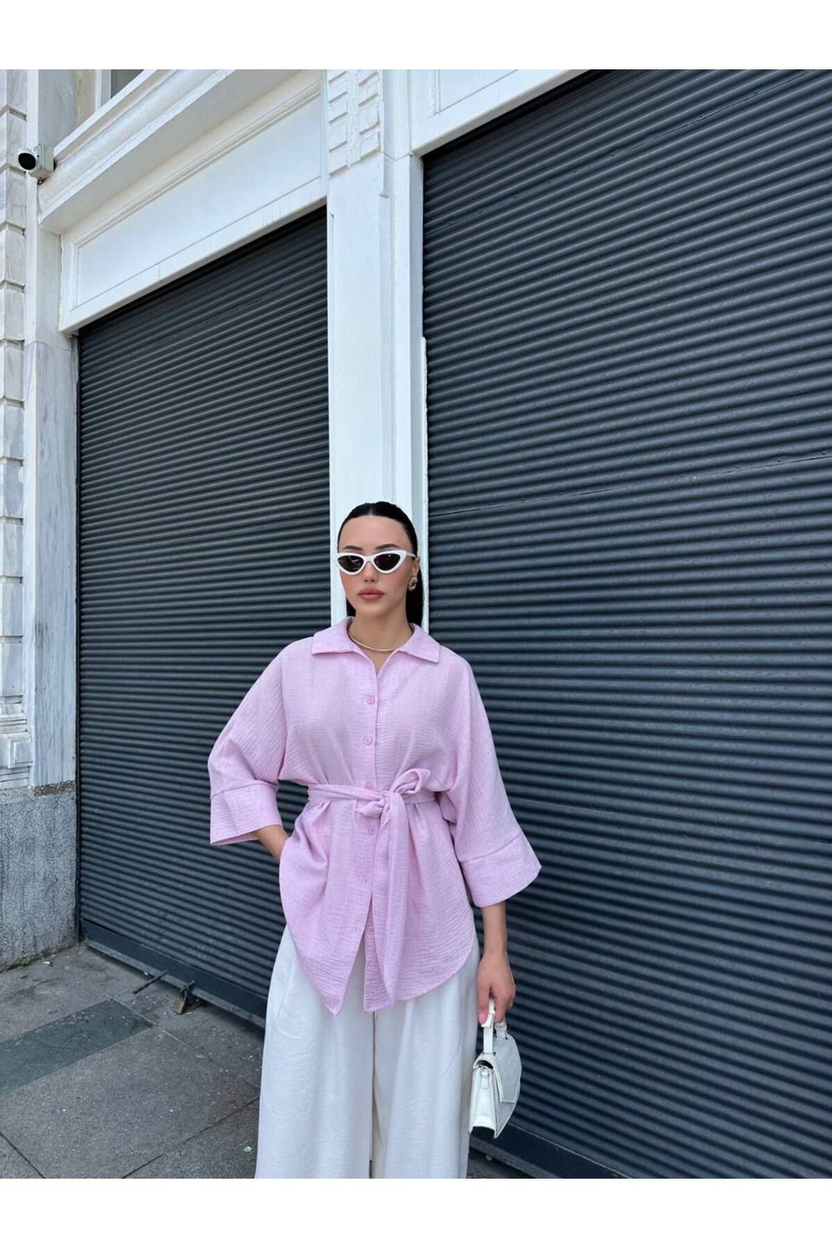 BOUQUET OF TULİP Kalın Manşetli Kuşaklı Keten Gömlek