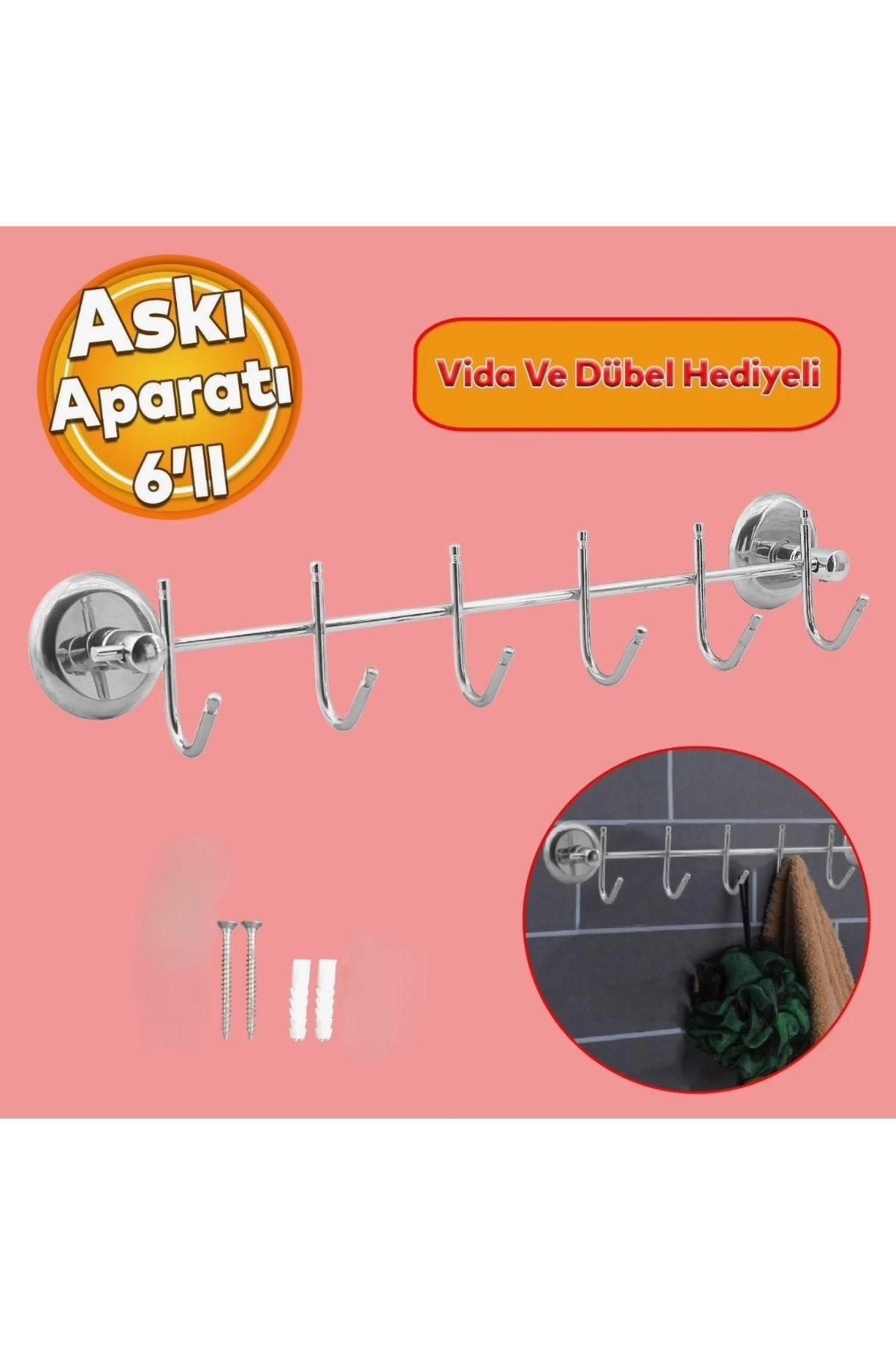 Delux Elbise Havlu Asma Askı Metal 6'lı Banyo Lavabo Vidalı Askılık Sağlam Aparat Krom Askılık