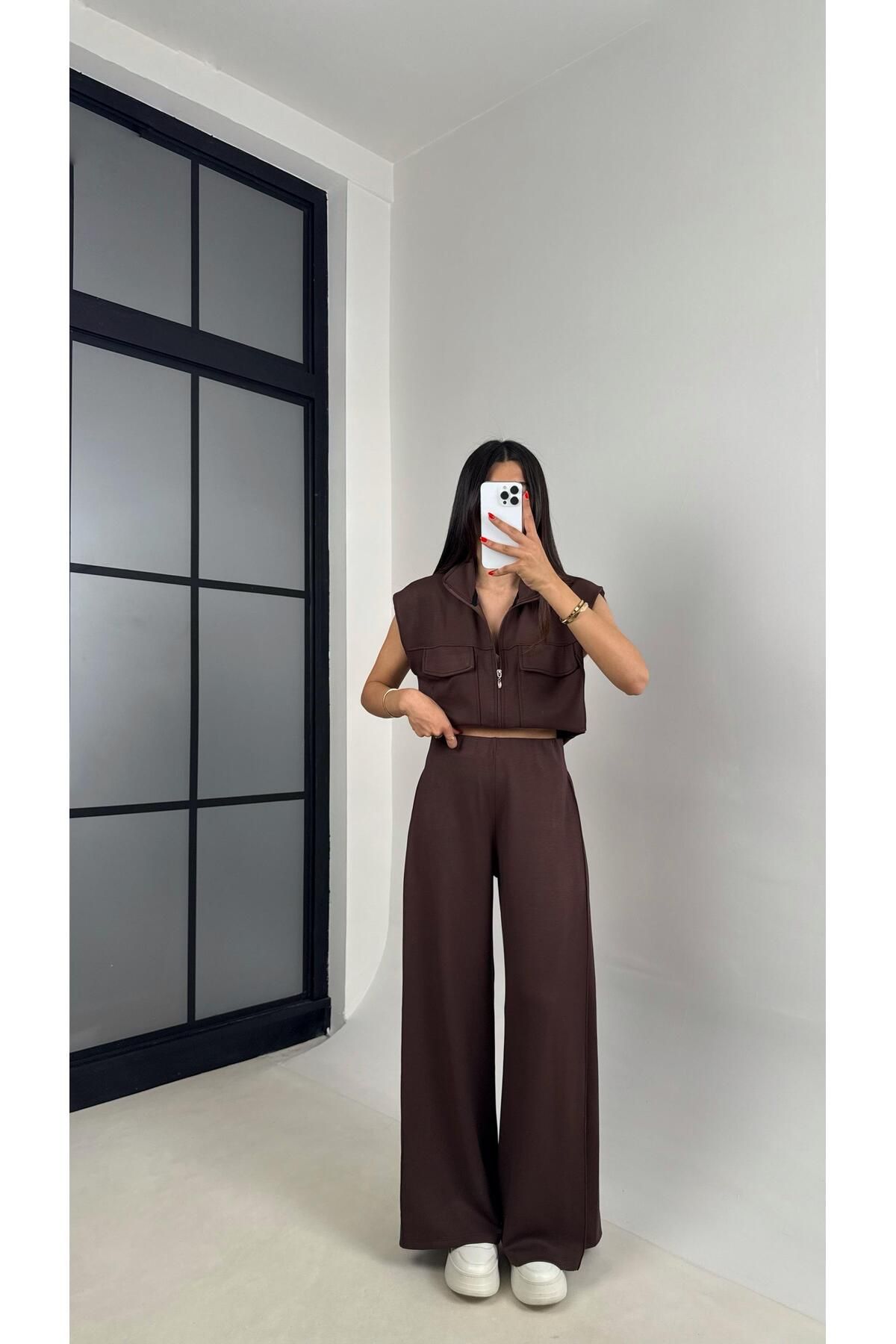 Gaus Acı Kahve Cepli Yelek Beli Lastikli Pantolon Modal Eşofman Takım Gaus00523