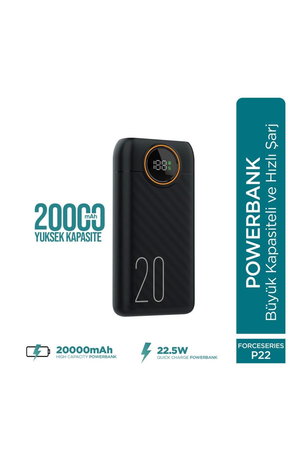 Karachil Force P22 20000Mah 22.5W Hızlı Şarj Cihazı - Fast Powerbank - Dijital Ekran - Taşınabilir Şarj Ci