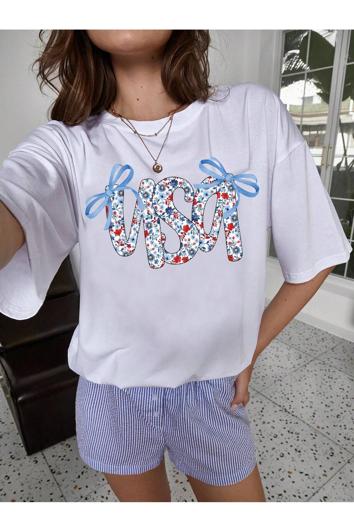 JANSO GROUP -KADIN PAMUKLU BASKILIRETRO KISA KOLLU TSHIRT OVERSİZE BÜYÜK BEDEN