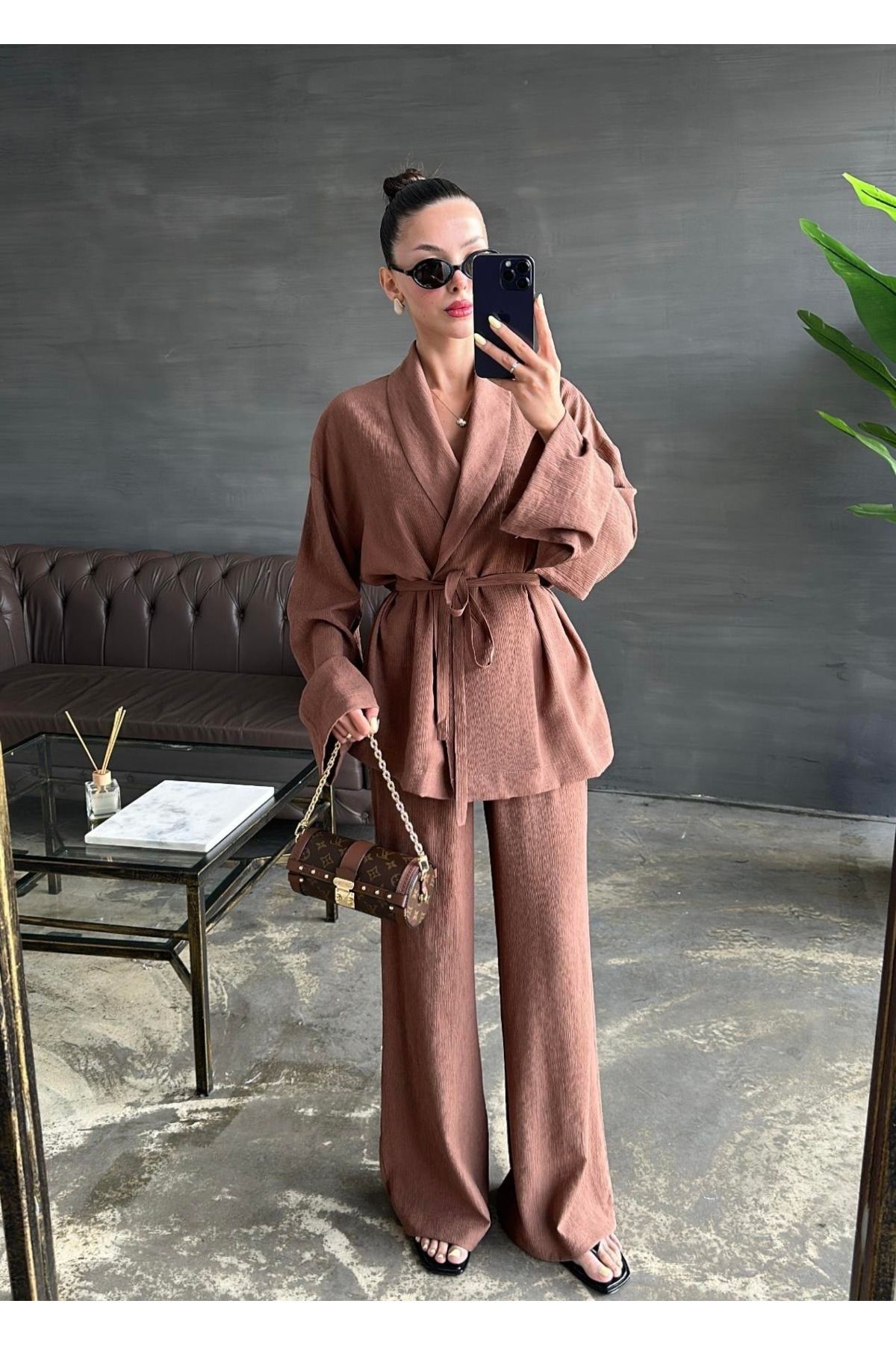 My Blog Kahverengi Şal Yaka Kimono Pantolonlu Takım - 98655