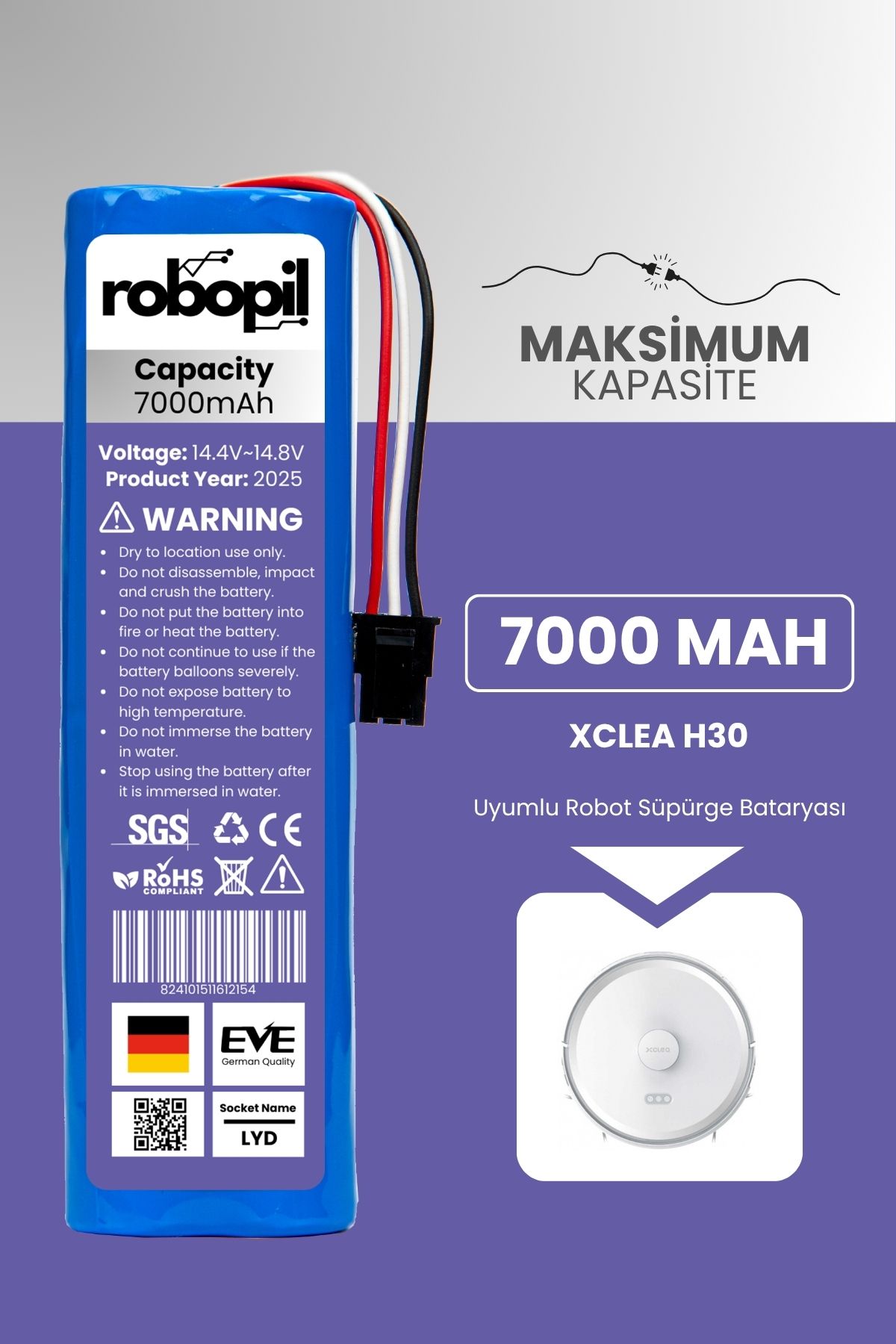 ROBOPİL Xclea H30 Uyumlu Batarya (MAKSİMUM KAPASİTE) 7000mah Pil Robot Süpürge Bataryası Değişimi