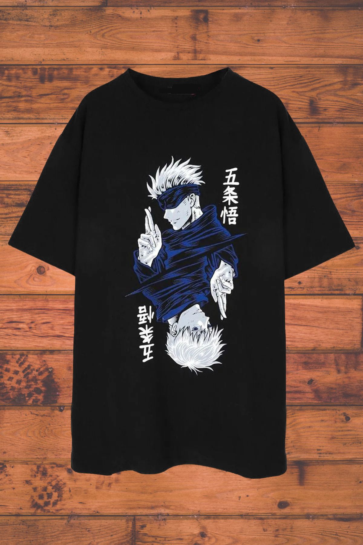 Wish BF Unisex Oversize Anime Jujutsu Kaisen Gojo & Itadori Baskılı Siyah Tişört