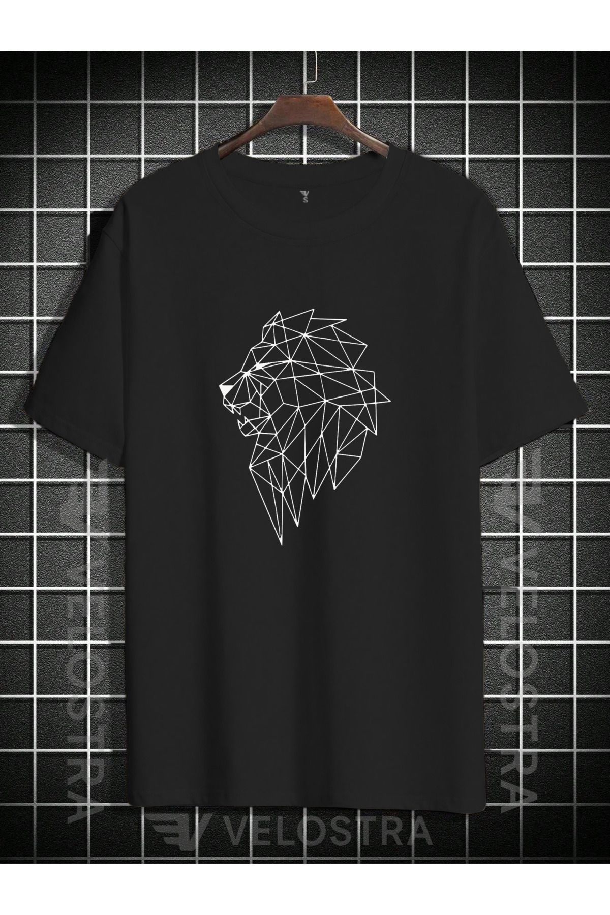 Velostra Unisex Çizgisel Aslan Baskılı Oversize T-shirt