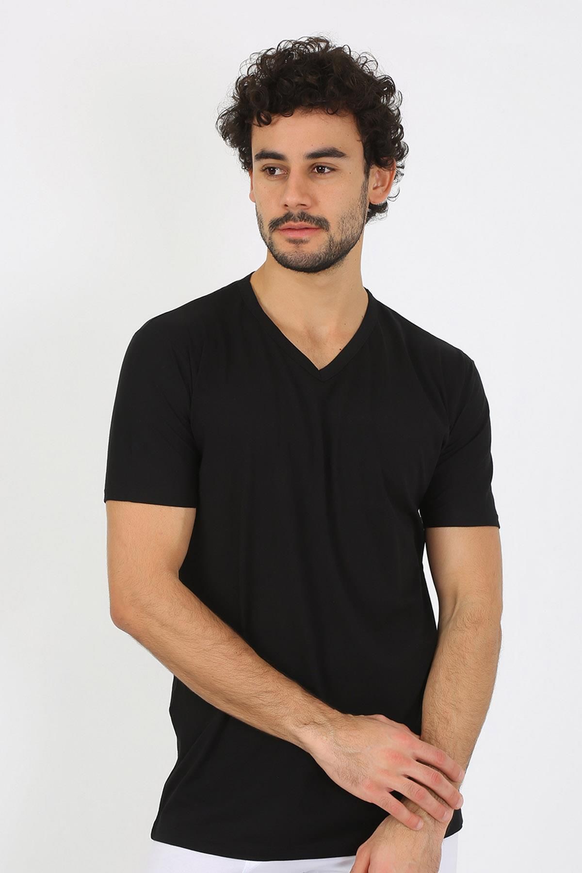 PuShe Moda Çizgi Erkek V Yaka Siyah Penye Atlet 6560