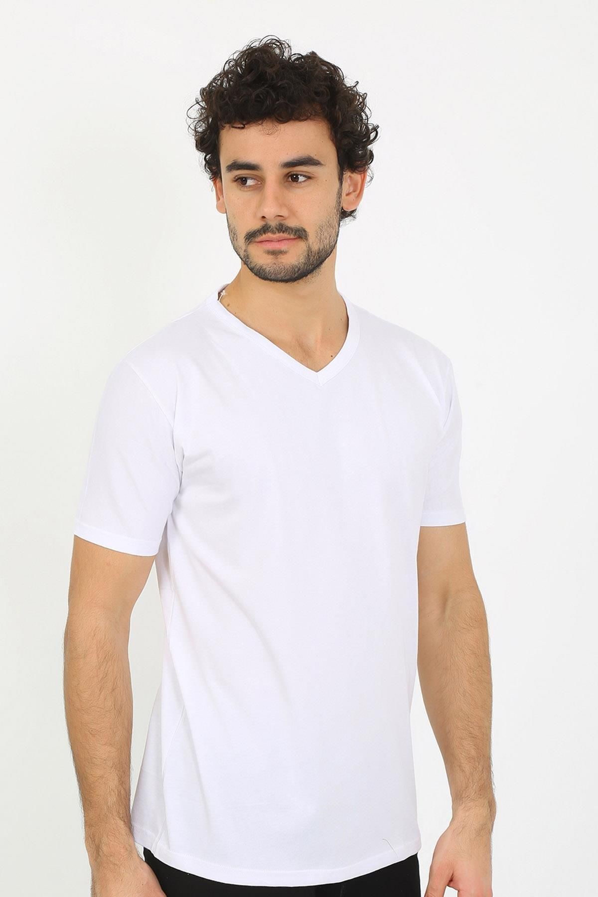 PuShe Moda Çizgi Erkek V Yaka Beyaz Penye Atlet 6560
