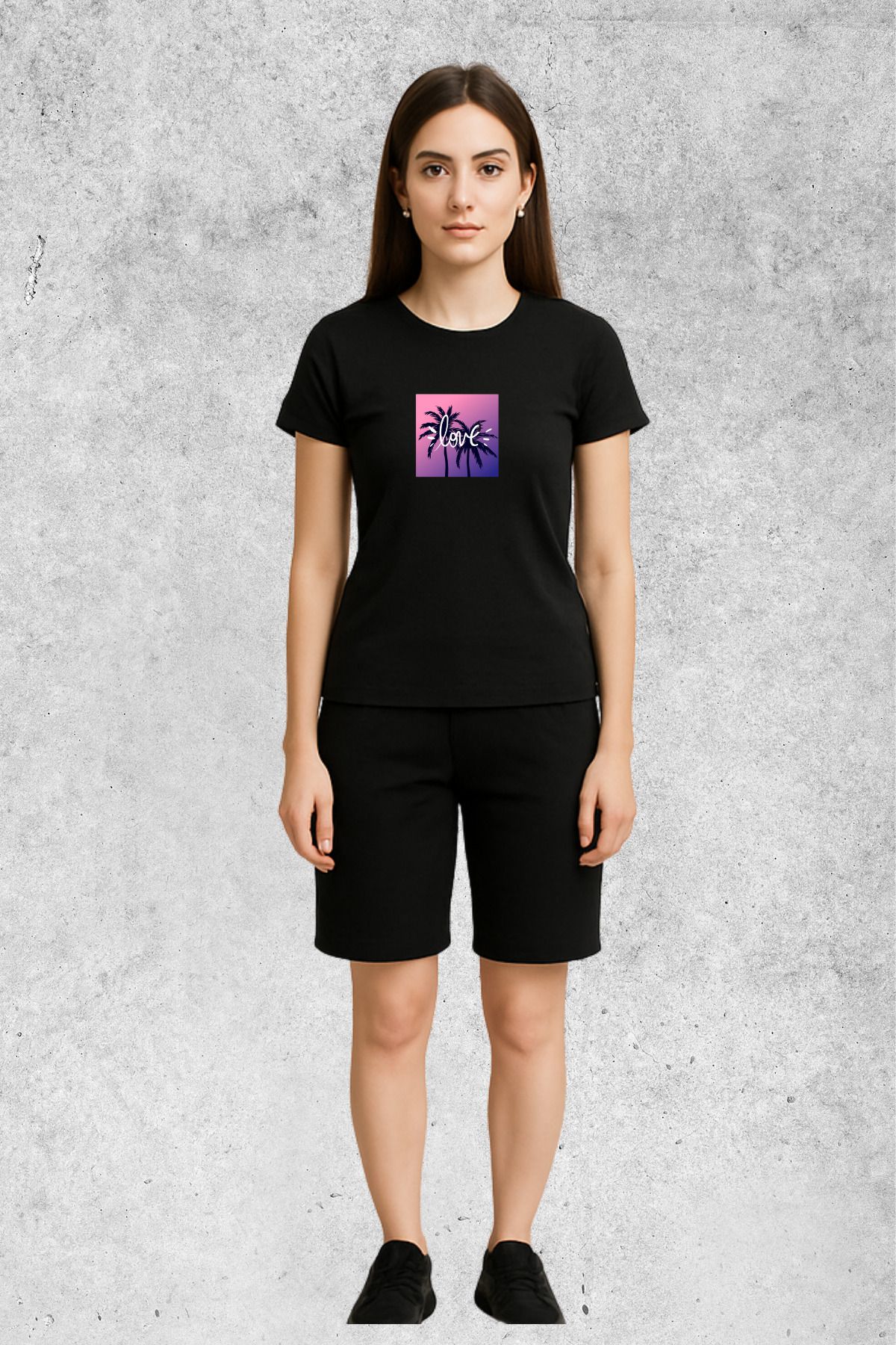 MOLICO BASİC unisex sıfır yaka kısa kollu PALMİYELİ LOVE BASKILI TSHİRT