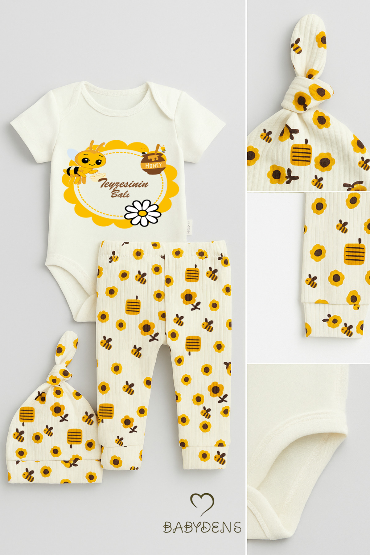 BABYDEN'S Teyzesinin Balı Yazılı 3’lü Bebek Takımı Kısa Kollu Çıtçıtlı Body Zıbın, Arı Desenli Pantolon ,Bere fotoğrafı 5 (önizleme)