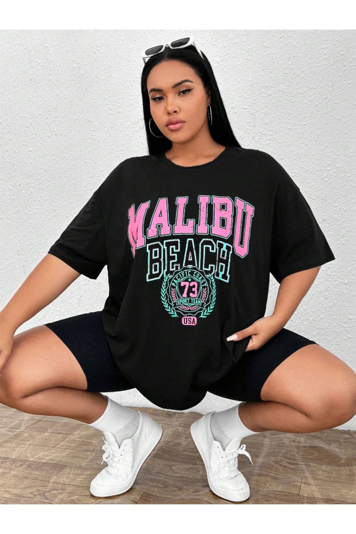 Wish BF Kadın MALİBU Özel Baskılı Renkli Oversize Penye Pamuklu Bisiklet Yaka T-Shirt