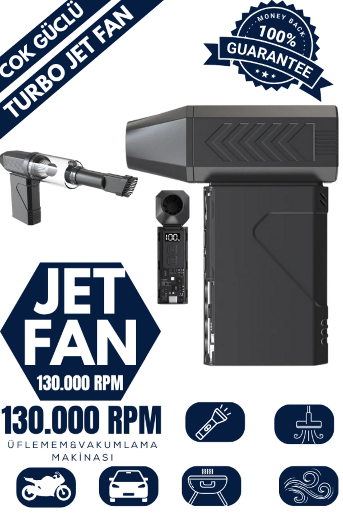 Maybax Mini Turbo Jet Fan Vakumlama & Üfleme 2 IN 1 Araç Temizleme Kurutma Mangal Hava Körükleyici Fenerli