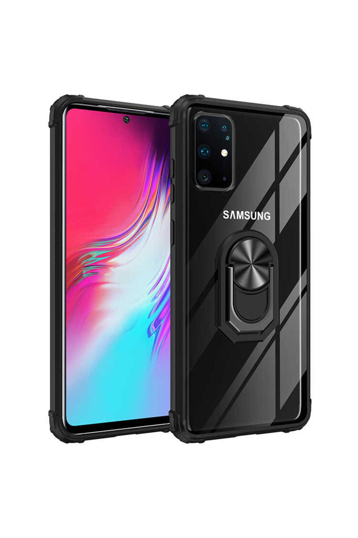 halkhouse Samsung Galaxy S20 Plus Kılıf Sert Silikon Dayanıklı Şeffaf Renkli Yüzüklü Mola Kapak