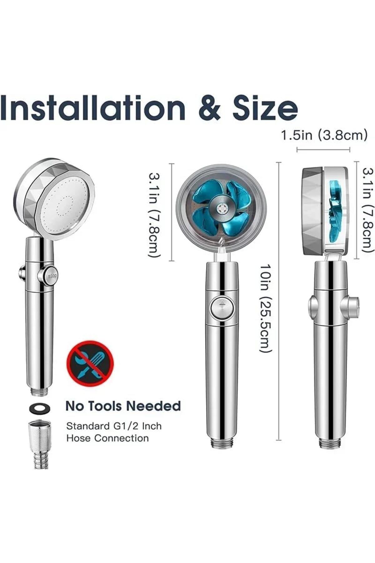 mazıdağı mazzıdağ Silver Sapphire Turbo Pervaneli Duş Başlığı Yüksek Basınçlı Fıskiye Batarya Sta
