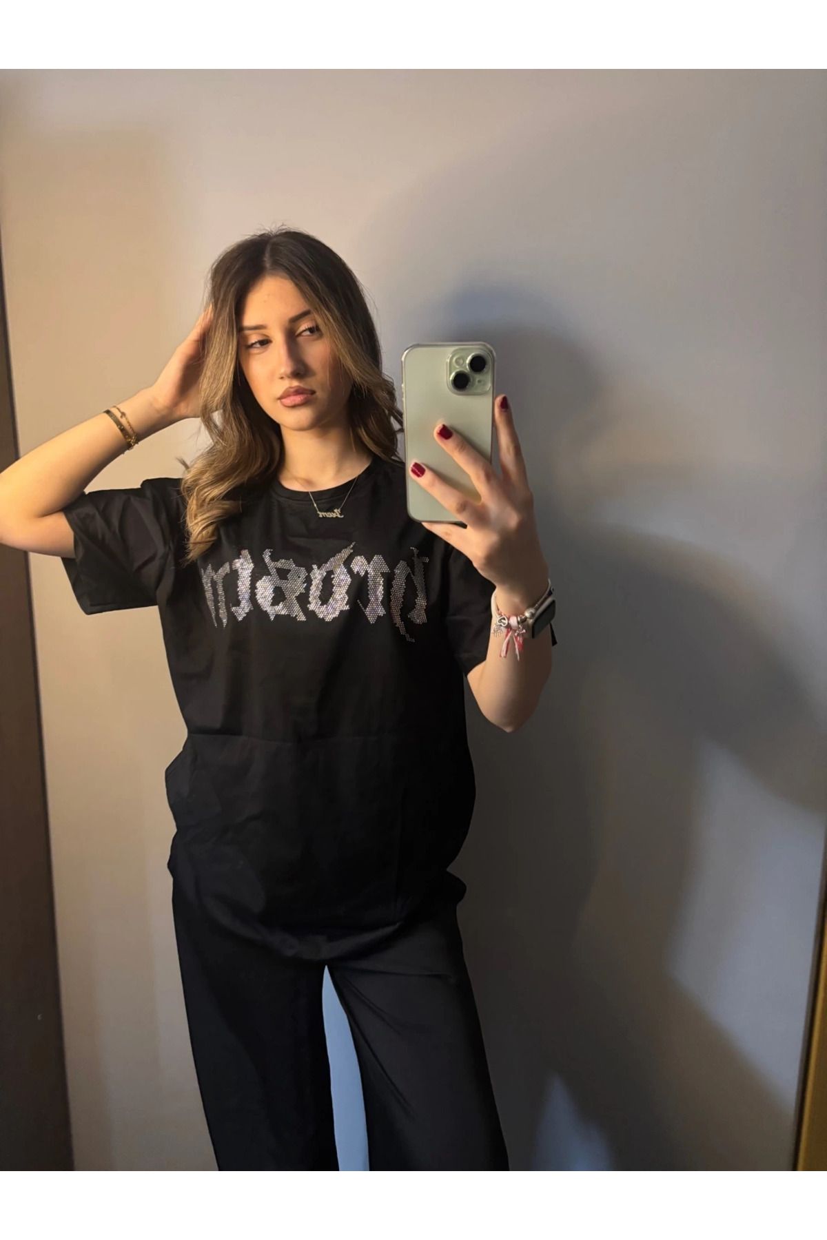 Bravebell Siyah Hardstone Sırt Taş Baskılı Kısa Kol T-shirt