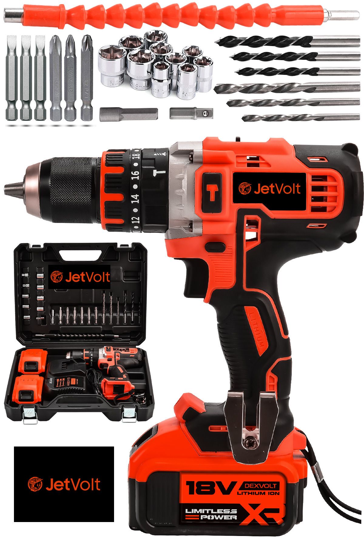 Elioure 18V Metal Şanzıman Çift Akülü Darbeli Matkap Seti 24 Parça Kırmızı