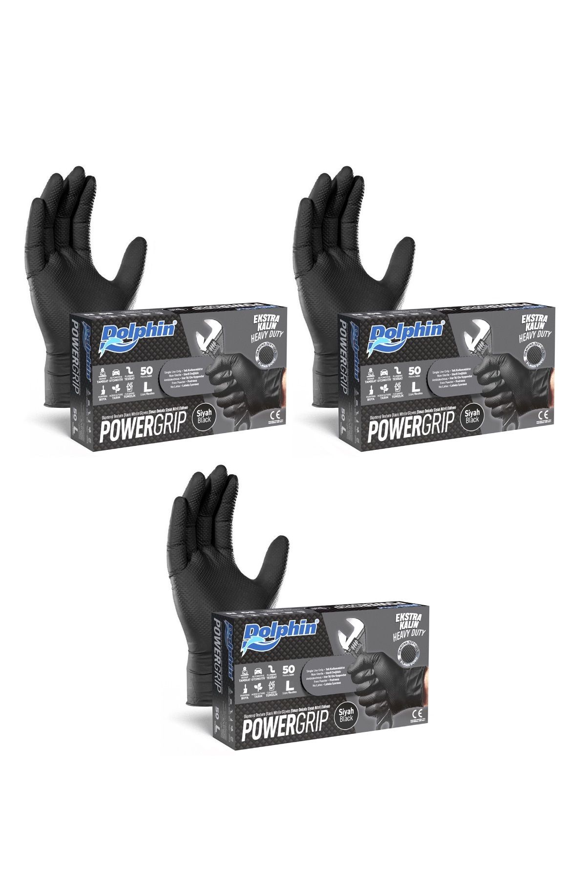 Dolphin PowerGrıp Ekstra Kalın Siyah Nitril Eldiven (L) 50 Adet x 3 Paket