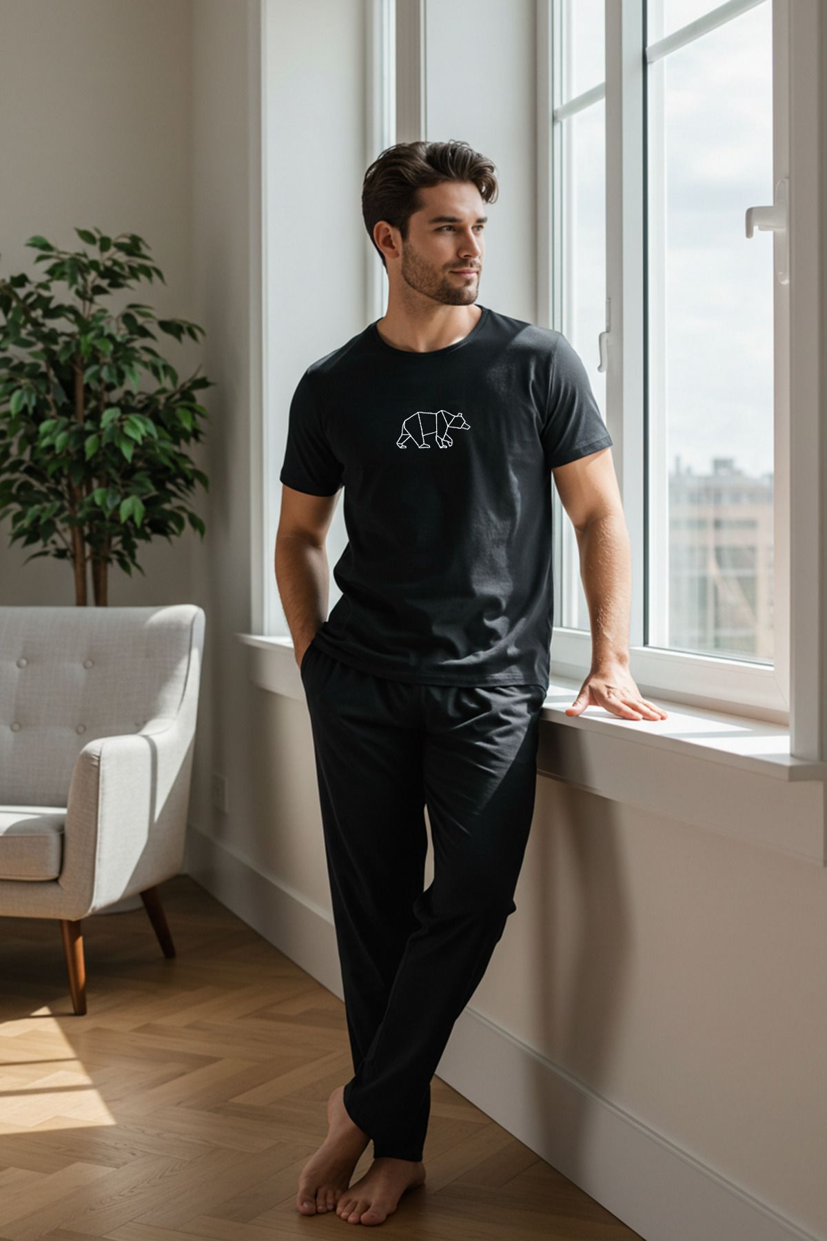 Trendyol Collection-Черен стандартен комплект бродирана плетена пижама TMNAW25PT00023 1