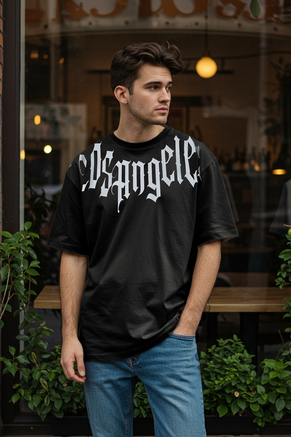Trendyolmilla Man Siyah Oversize/Geniş Kesim Los Angeles Baskılı %100 Pamuk T-Shirt TMNSS25TS00166