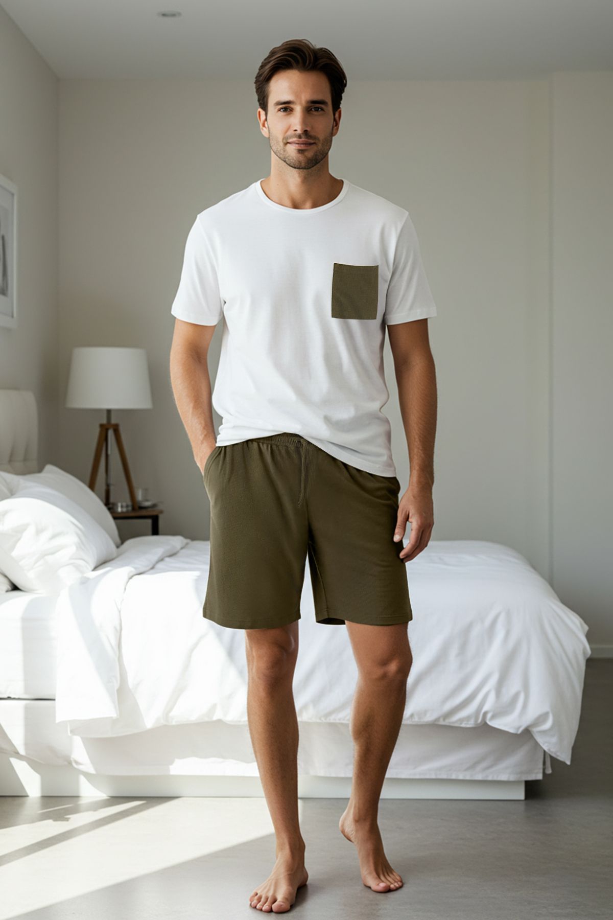 Trendyol Collection-Ecru Khaki Regular Fit Knitted Pajama Set with Textured Shorts Tmnss25Pt00021 1