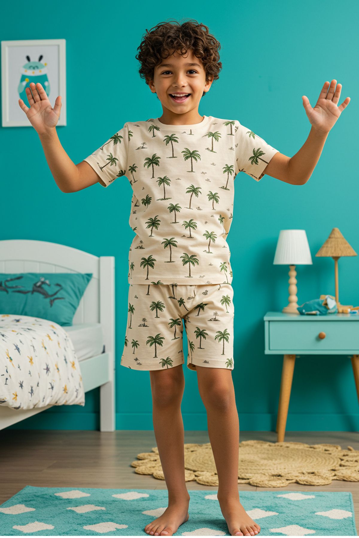 TRENDYOLKIDS-Stone Boy's Palm Pattern Tričko-Šortky Pletené pyžamo Set TKDSS25AU00117 1