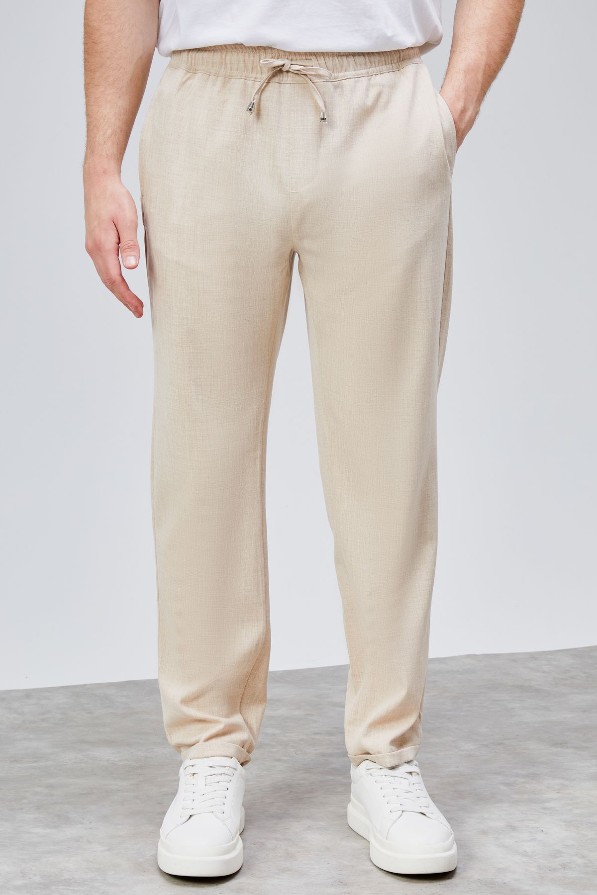 HLT JEANS Erkek Bej Relaxed Fit Yandan Cepli Beli Lastikli Bağcıklı Duble Paça Jogger Pantolon BOLT-1999