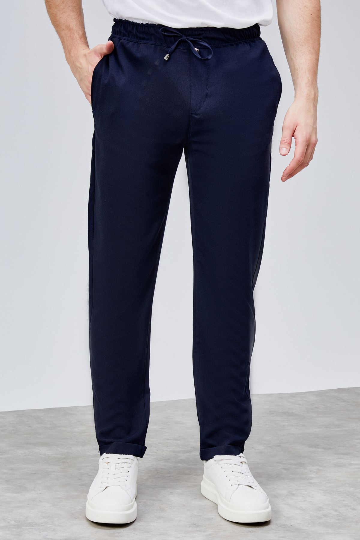 HLT JEANS Erkek Lacivert Relaxed Fit Yandan Cepli Beli Lastikli Bağcıklı Duble Paça Jogger Pantolon BOLT-1997
