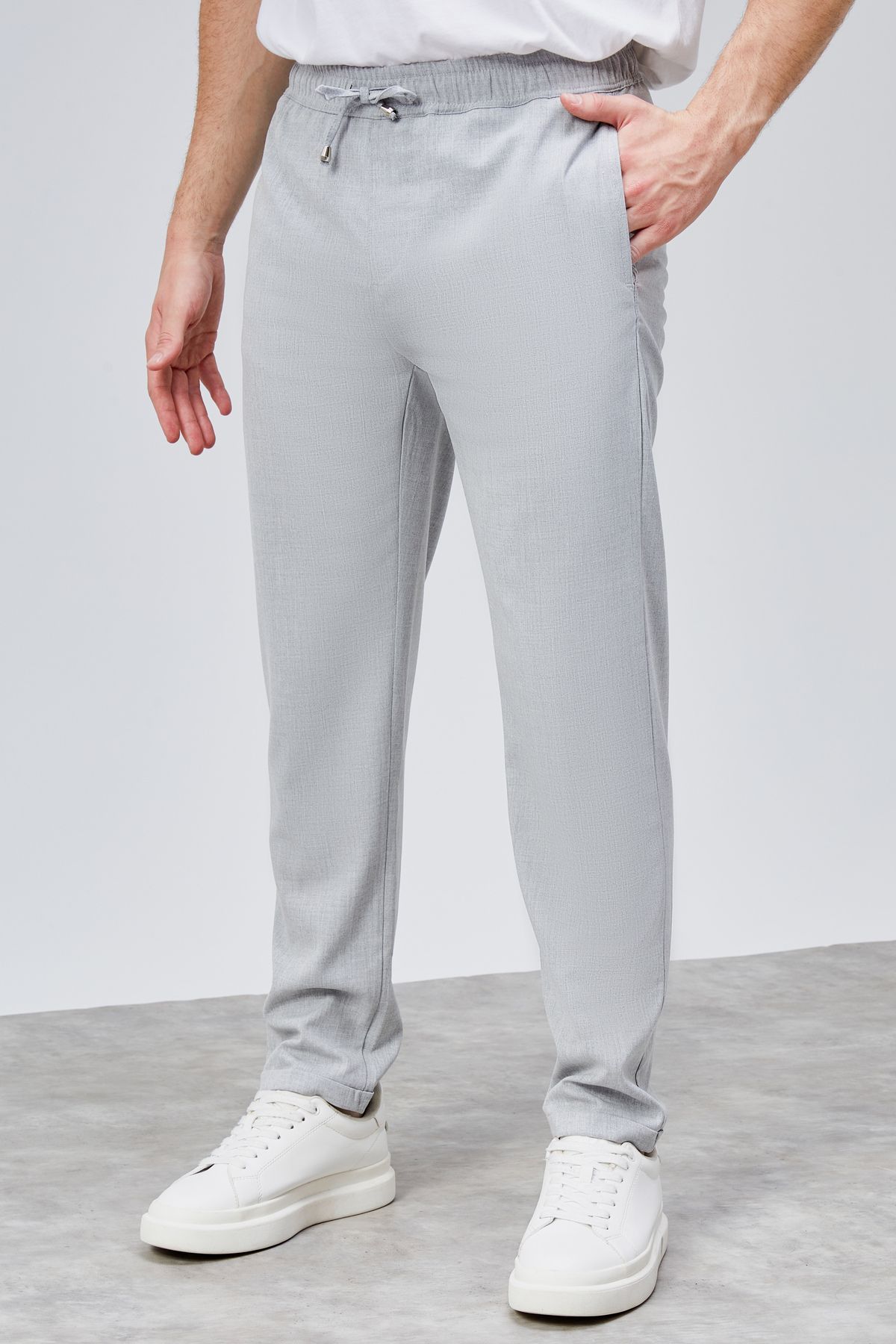 HLT JEANS Erkek Gri Relaxed Fit Yandan Cepli Beli Lastikli Bağcıklı Duble Paça Jogger Pantolon BOLT-1998