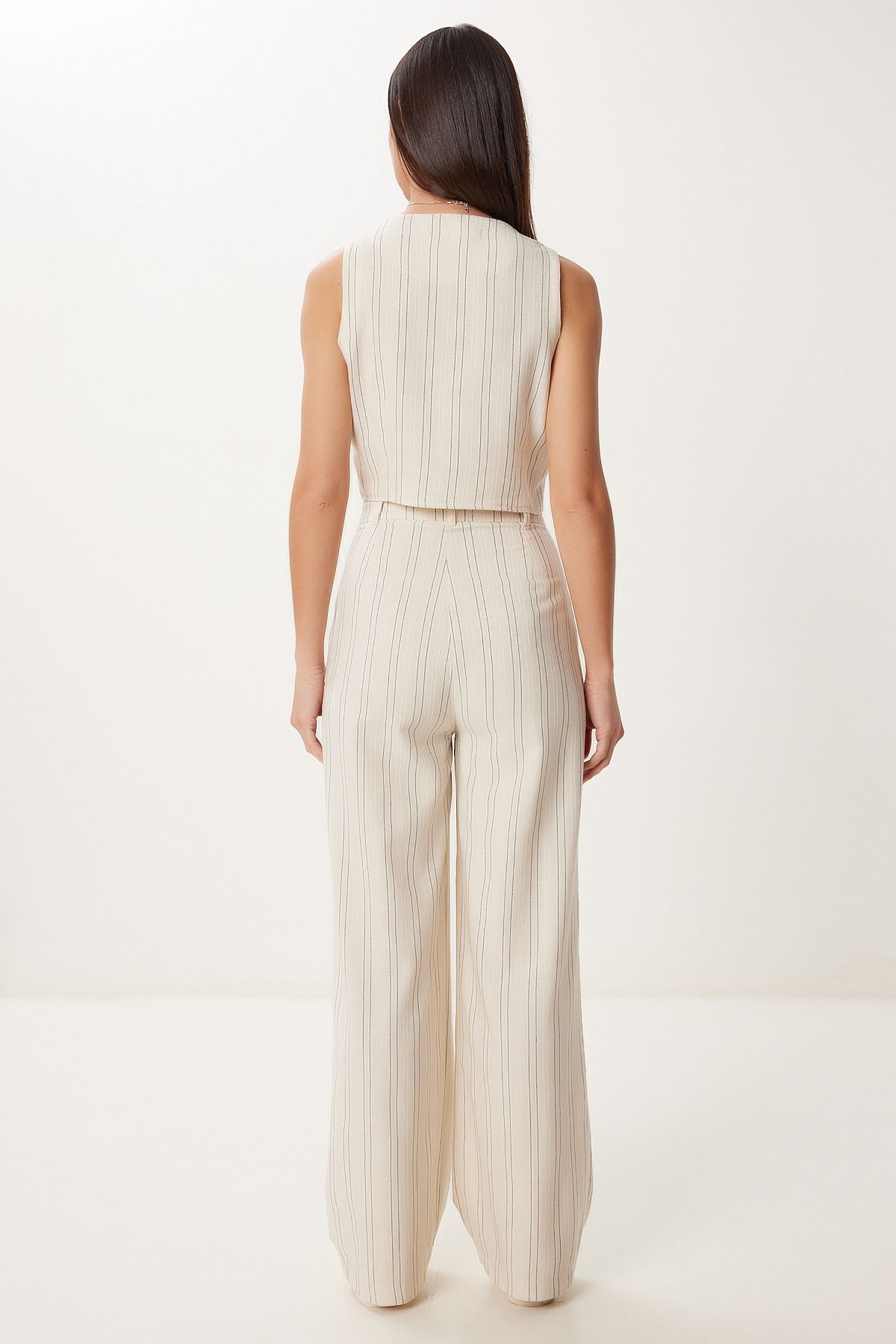 Happiness İstanbul-Women's Cream Black Striped Linen Vest Pants Suit Bv00129 8