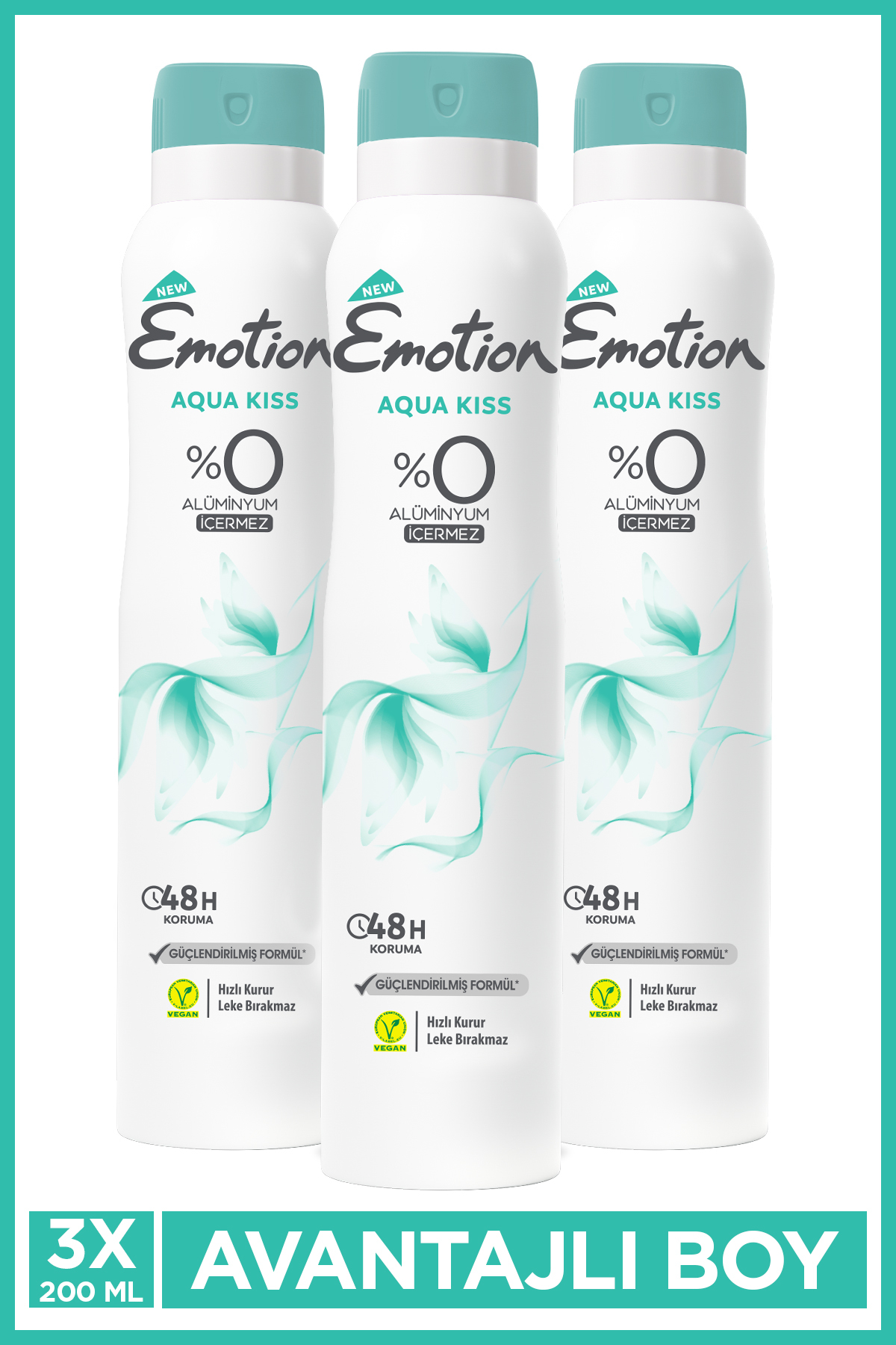 Emotion Aqua Kiss Kadın Vegan Deodorant 3x200 Ml Hızlı Kurur, Leke Bırakmaz