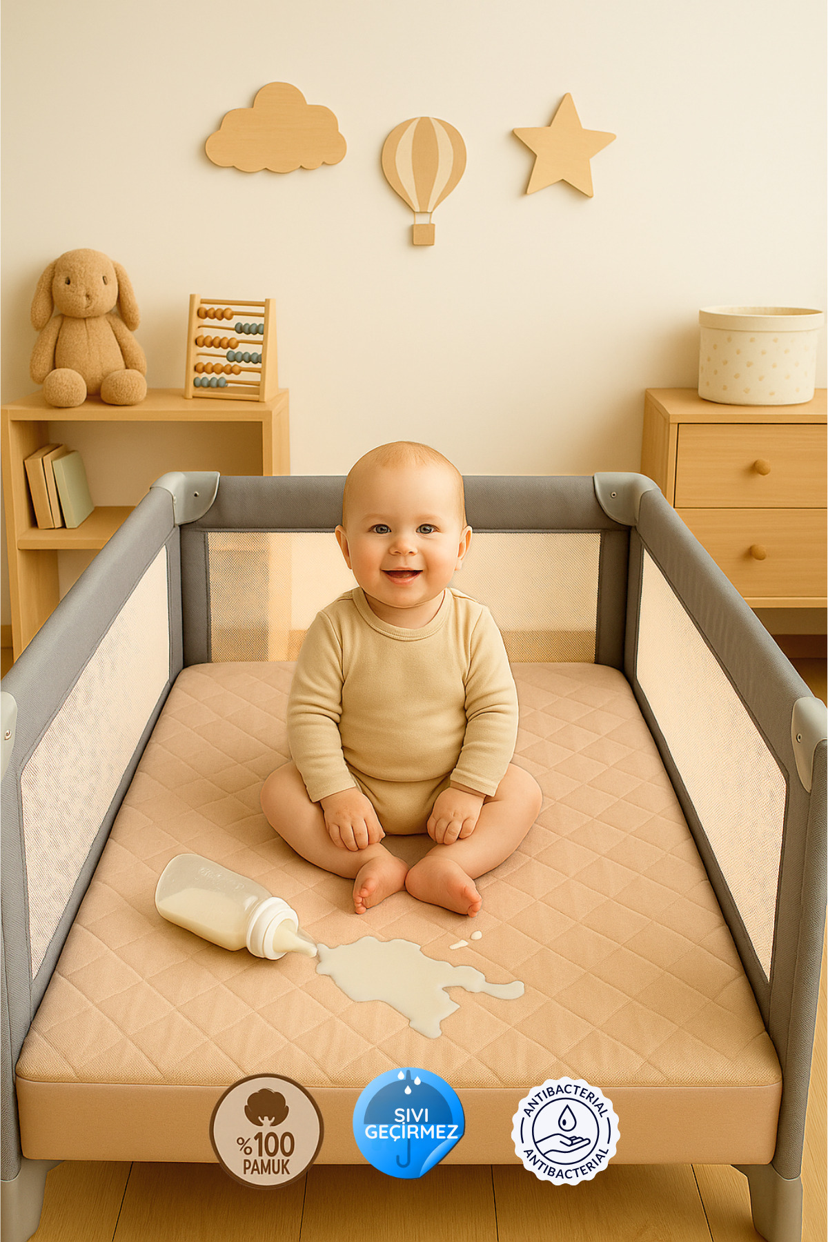 Formeya %100 Pamuk Kapitone Fitted Su Sıvı Geçirmez Bebek Alezi-Çocuk Alezi, Park Yatak Beşik Yatak Alezi