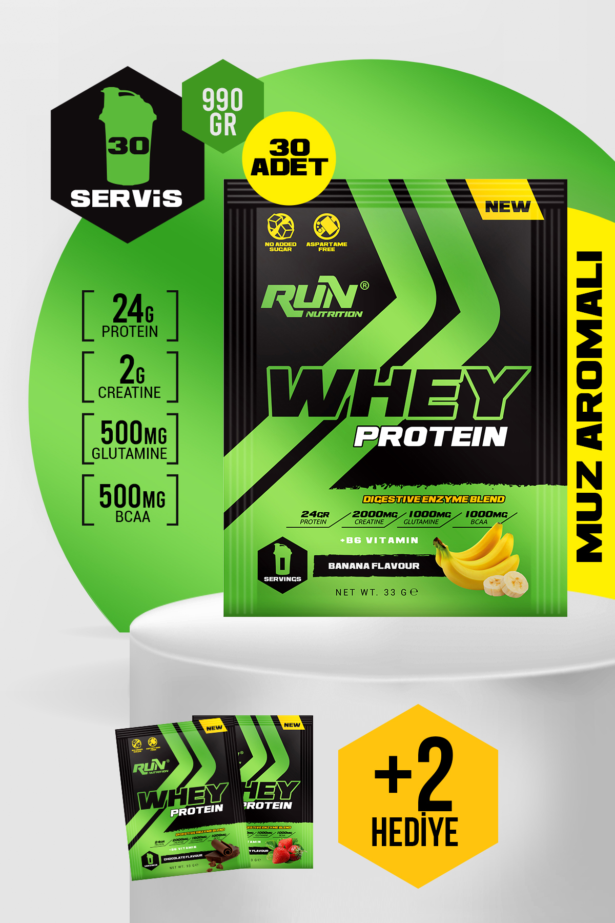 Run Nutrition Whey Protein Muz Aromalı Saşe - 30 Adet - 990g - Hediyeli