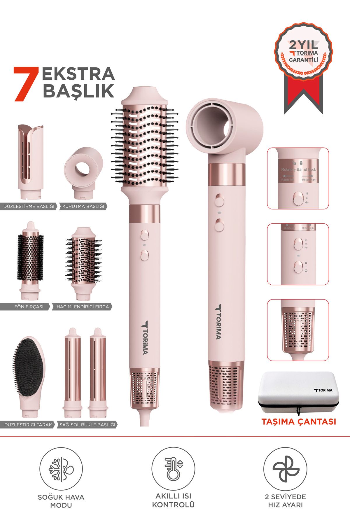 Torima THD-01 Pembe 7 In 1 Hava Üflemeli Saç Şekillendirici Airwrap Compact Saç Kurutma Fön Makinesi